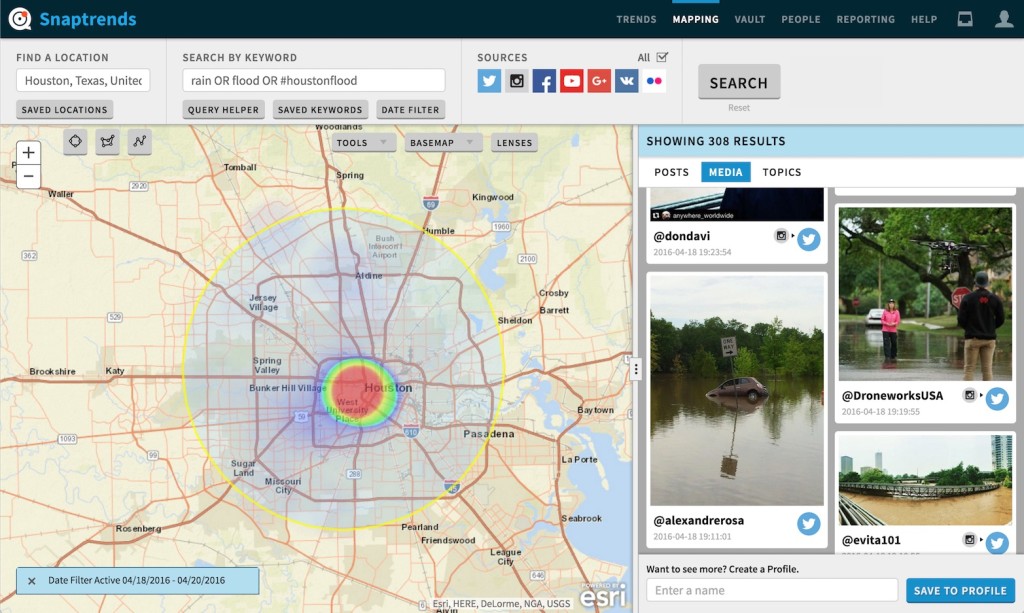 Screenshot from Snaptrends location-based social media monitoring software during the historic Houston flooding event in April 2016