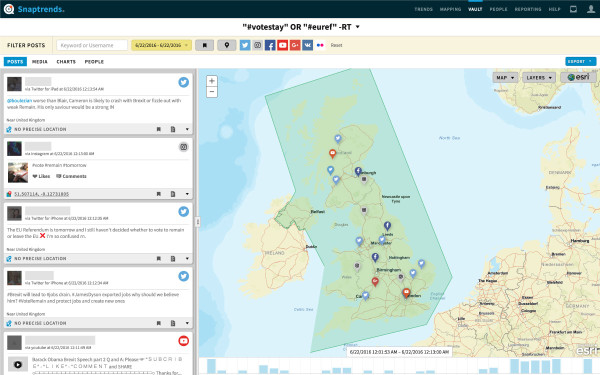 Snaptrends - United Kingdom Geofence Screenshot Screenshot from Snaptrends Social Media Monitoring System of Geofence Tool for Brexit