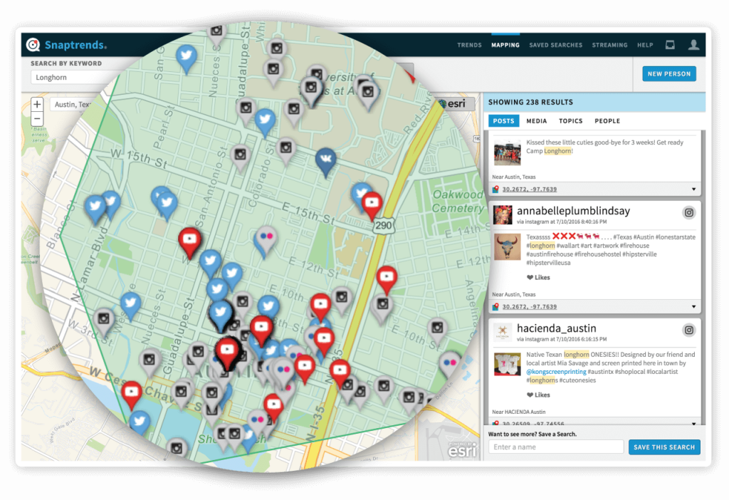Snaptrends location-based social media software product overview Mapping page