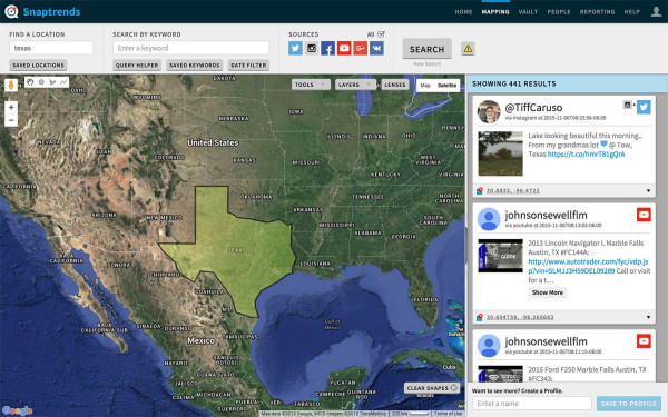 Snaptrends mapping shows a location-based search