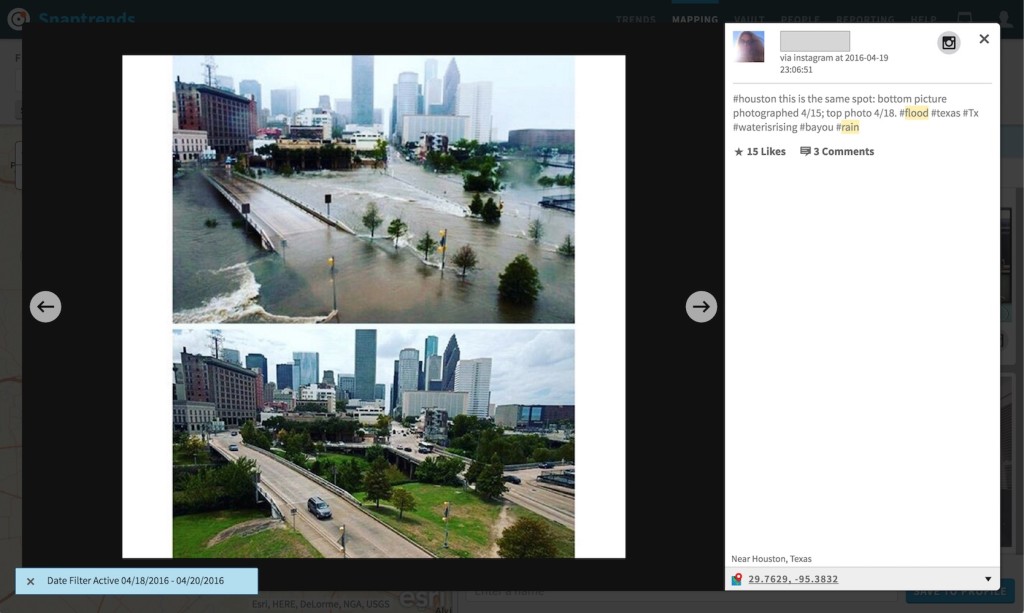 Screenshot taken from Snaptrends location-based social media monitoring software of the Houston flood in April 2016.